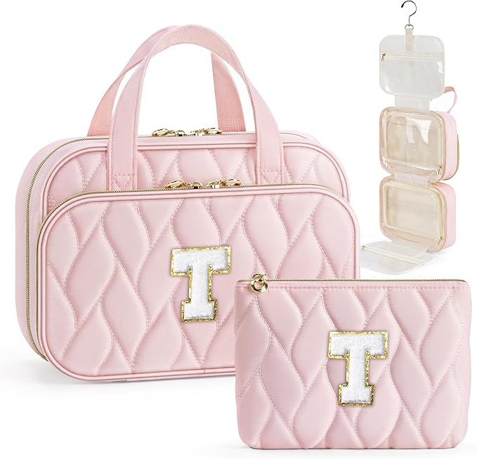 YOOLIFE Hanging Toiletry Bag for Women - Travel Toiletry Bag Makeup Bag, Portable Toiletries Cosmetic Bag, Airplane Travel Essentials - Letter T, Pink