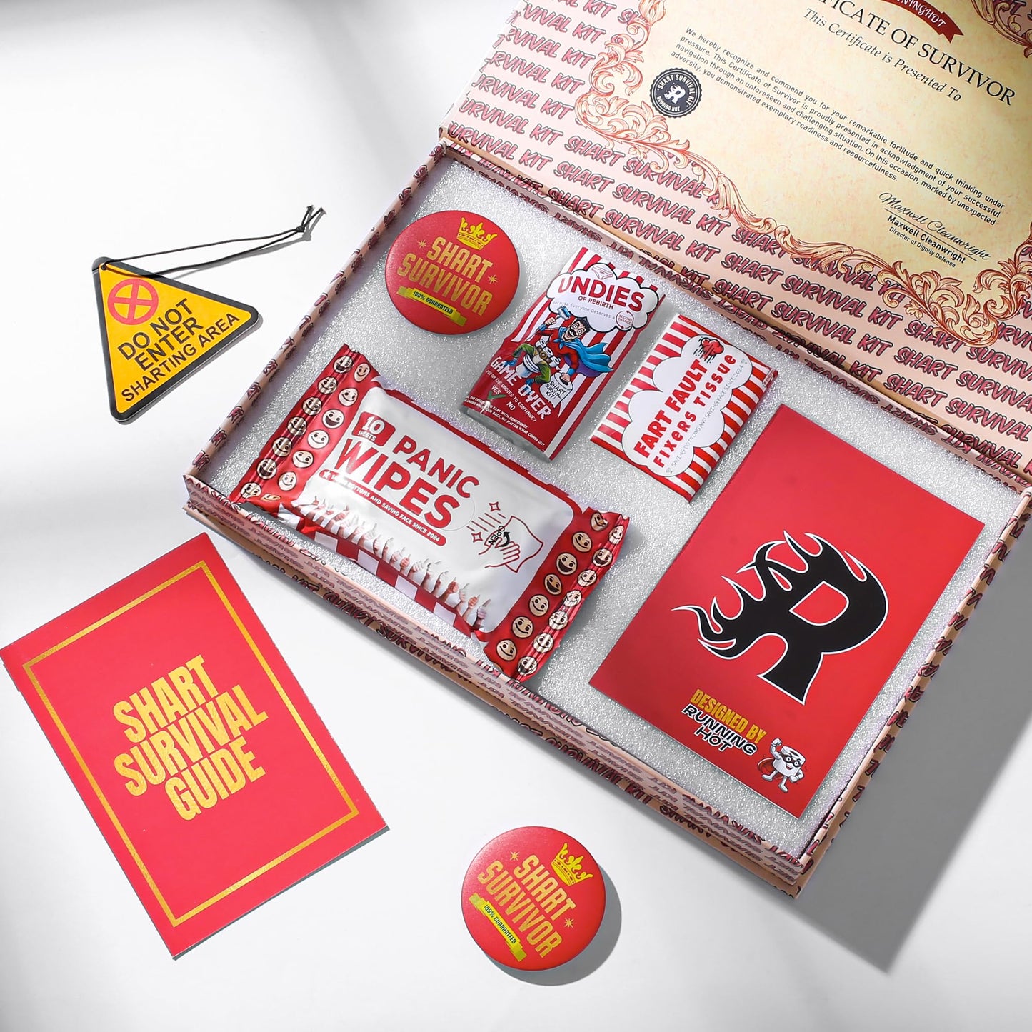 RUNNING HOT Shart Survival Kit, Funny Gifts for Men, White Elephant Gift, Gag Prank Box, Hilarious Gifts, Novelty Gift Set for for Family Friends, 6 in 1, Survival Guide & More