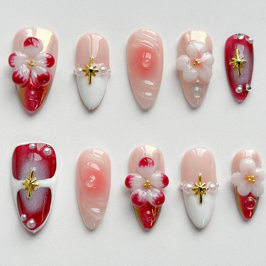 Luxury Press on Nails Medium Almond Handmade 3D Unique Reusable ABS Material Fake Nails Chrome French Tip False Nails with Designs Pink Flower Pearls Glossy Glue on Nail Thick Acrylic Nail(S)