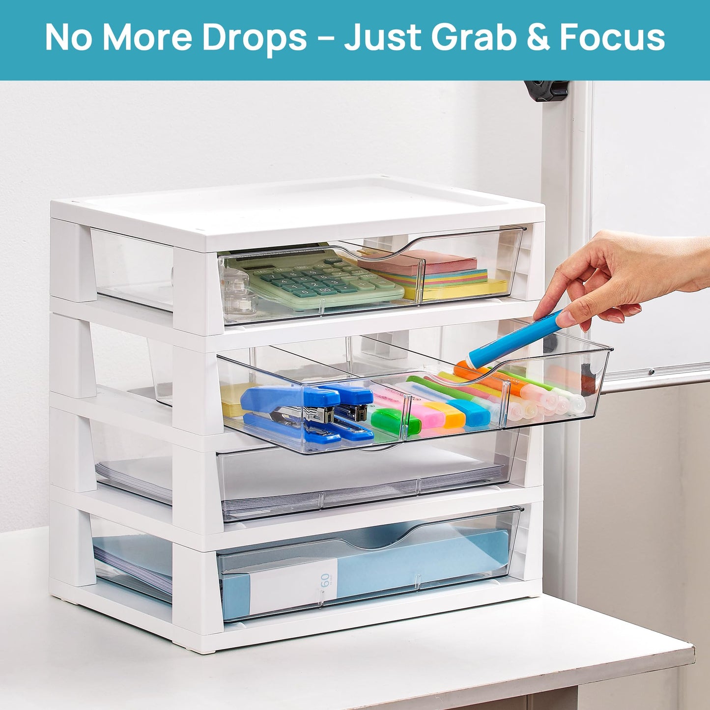 Vtopmart Clear Desk Organizer, 4-Tier Assemble Desktop File Organizer with Drawers, Office Desk Organization for Office Supplies