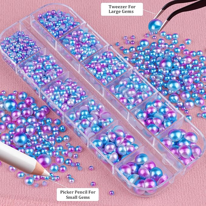 Belleboost Flat Back Pearls Kits 3 Boxes of Flatback Blue Mermaid Half Round Pearls with Pickup Pencil and Tweezer for Home DIY and Professional Nail Art, Face Makeup and Craft