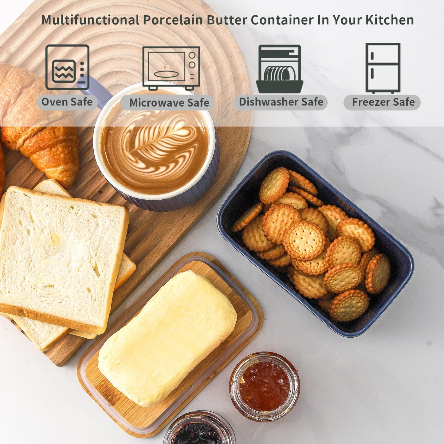 Hasense Ceramic Butter Dish with Lid, Large Butter Container for Countertop Airtight Butter Stick Covered Keeper,Navy Blue Embossed Pattern,Easy Clean Dishwasher Safe