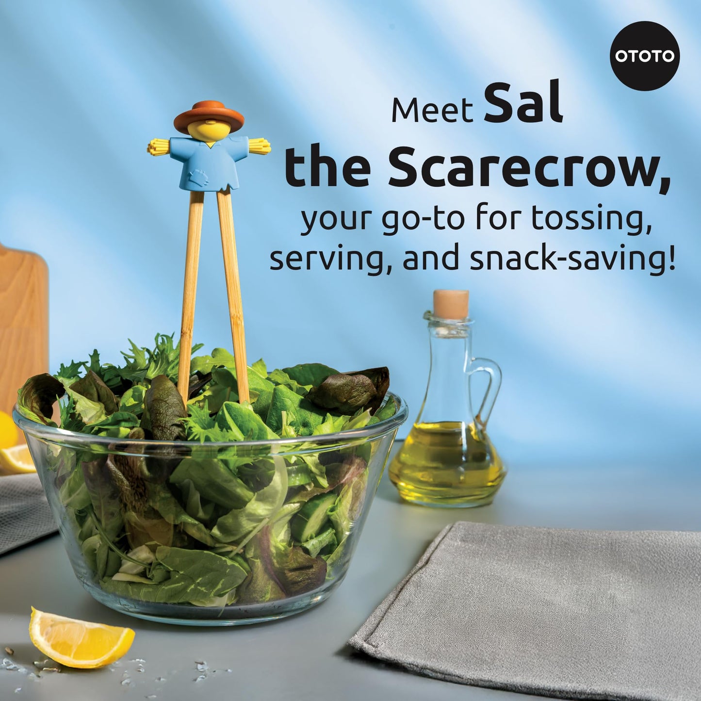 NEW - OTOTO Sal Scarecrow Salad Tongs (2-Piece) - Wooden Tongs Set, Food Safe Toaster Tongs for Serving, Cute Kitchen Tongs, Cool Kitchen Gadgets Accessories, Funny Gifts, Mini Tongs (Blue)