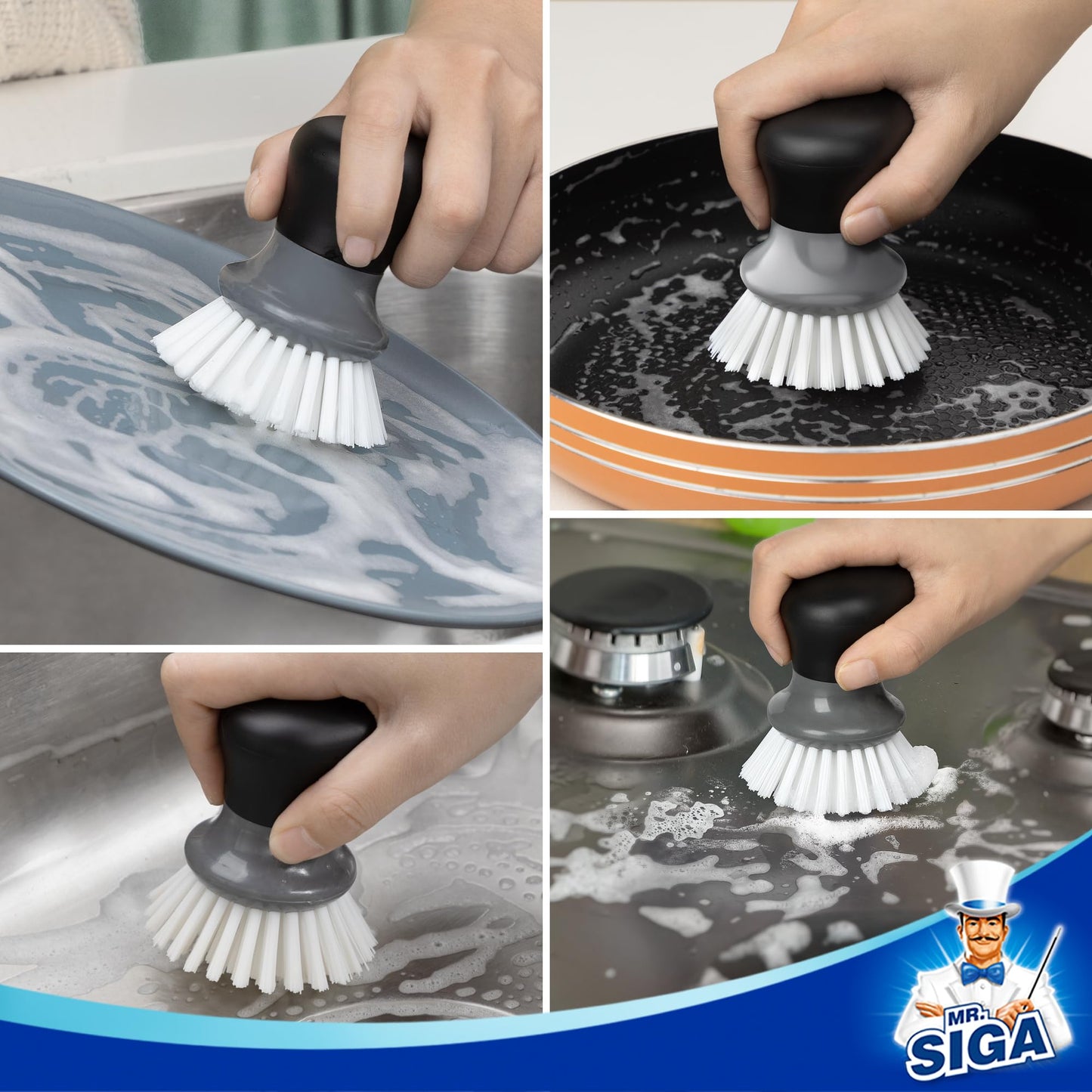 MR.SIGA Dish Scrub Brush, Palm Brush Dish Scrubber with Ergonomic Grip, Kitchen Brushes for Dishes, Gray, Pack of 2