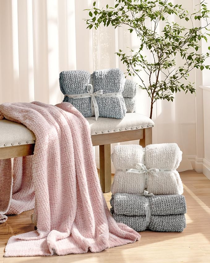 Super Soft Throw Blanket 50 x 60 Inches, Half-Side Plush Fuzzy Blanket for Couch, Sofa, Bed & Chair, Warm Cozy Lightweight Knit Blanket for Fall & Winter