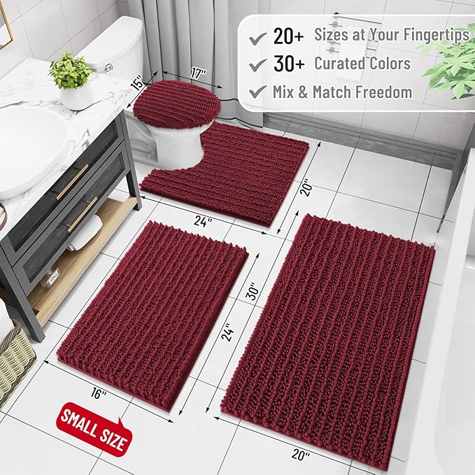 Arotive Luxury Chenille Bathroom Rug Mat, Extra Soft Thick Absorbent Shaggy Bath Rugs, Non-Slip Machine Wash Dry, Plush Bath Mats for Bathroom, Shower and Tub, 44x24, Burgundy