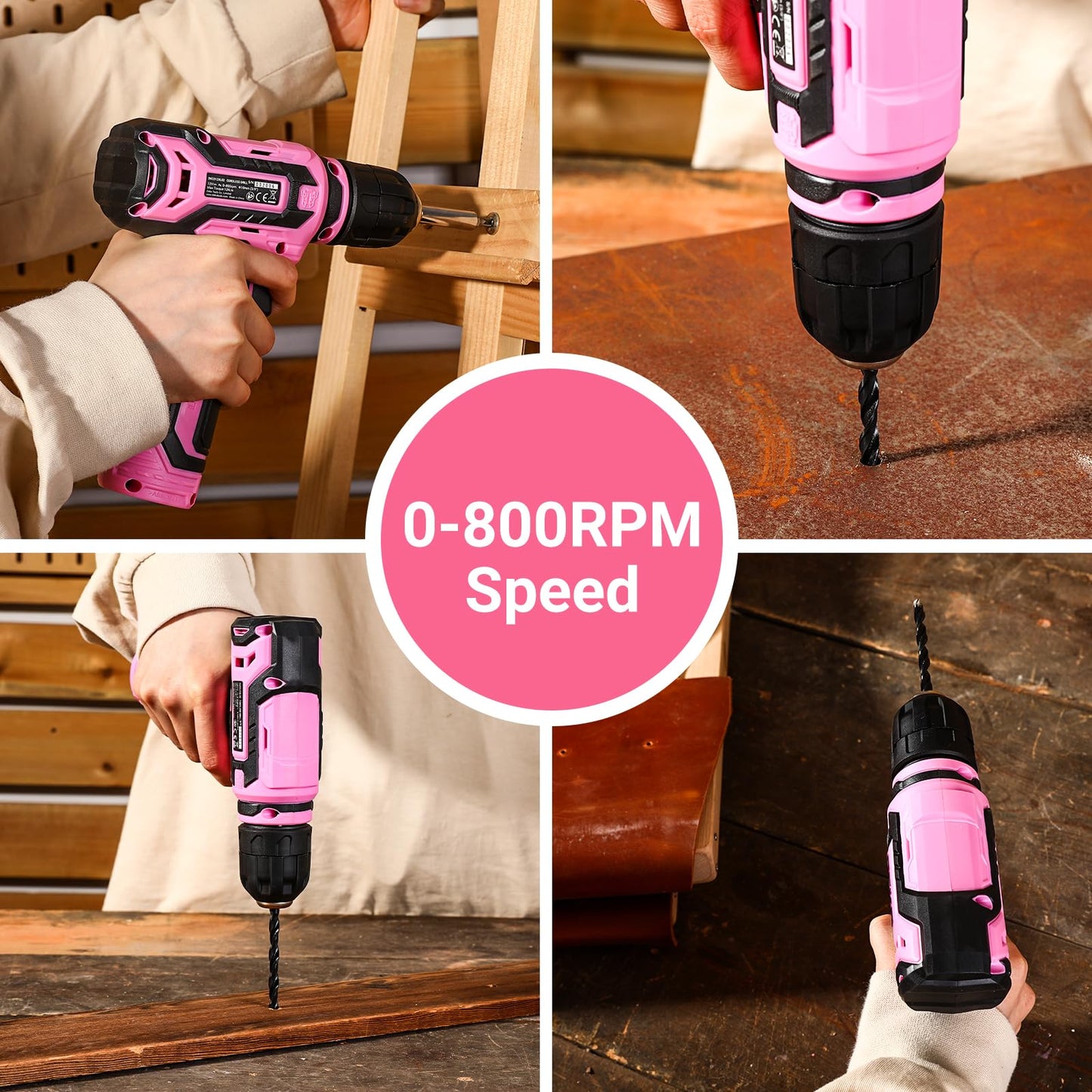 Cordless Drill：DEKOPRO 12V Power Drill Set with Pink 800RPM Electric Drills with Tool Set Gift Box, Pink Drill Set for Women