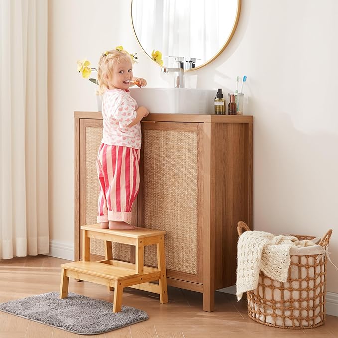Bamboo Step Stools for Kids, Wooden Stepping Stool for Kitchen/Bathroom/Bedside, Double Step Stool - Holds up to 350Lb (Natural Wood)