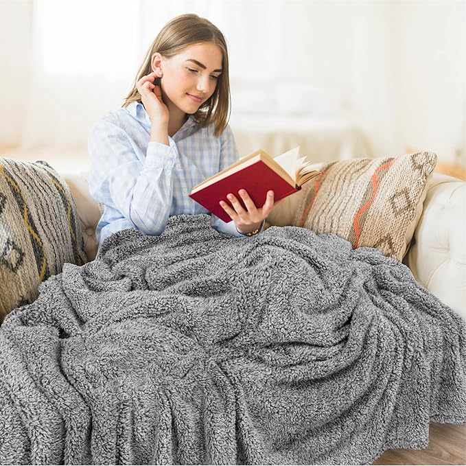 PAVILIA Sherpa Throw Blanket for Couch Sofa, Heather Grey Fluffy Warm Plush Blanket for Bed, Cozy Super Soft Lightweight Throw, Fuzzy Decorative Blanket, All Season Home, 50x60