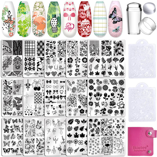 Biutee Nail Stamping Plates Set 15PCS Nail Stamper Kit with Nail Stamper, 2pcs Scraper & Storage Bag Nail Art Stamping Plates Butterfly Star Flower Leaf Bowknot Design Nail Stamping Kit