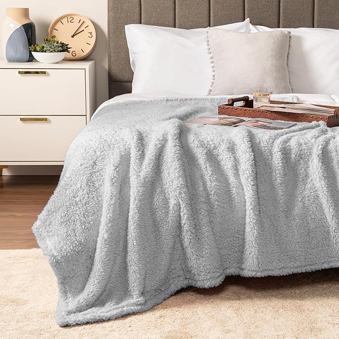 Pavilion Sherpa Bed Blanket Queen Size - Light Grey Plush Soft Cozy, Fluffy Microfiber, Fuzzy All Season, 90x90