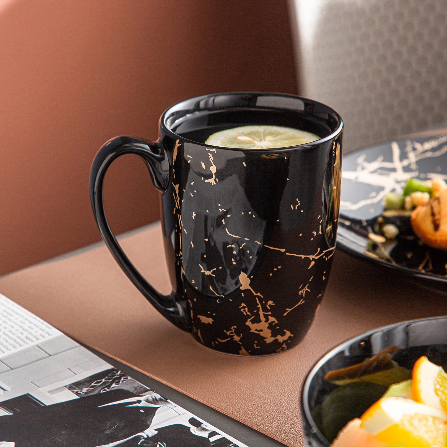 LOVECASA Black Plates and Bowls Sets for 4, Porcelain Dinnerware Sets 16 Piece Gold Splash Glaze Ceramic Dish Set, Round Dinner Set with Mugs, Dishwasher Microwave Safe