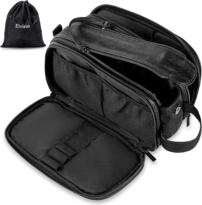 Elviros Toiletry Bag for Men, Large Travel Shaving Dopp Kit Water-resistant Bathroom Toiletries Organizer PU Leather Cosmetic Bags Fathers Day Gift(Medium, Black)