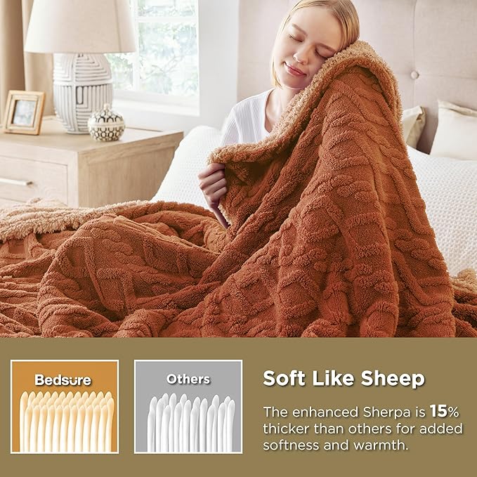 Bedsure Sherpa King Size Blanket for Bed- GentleSoft Fleece Fluffy & Cozy Cable Jacquard Tufted for Women Gift, Thick and Warm Blankets for Winter, Orange, 108x90 Inches
