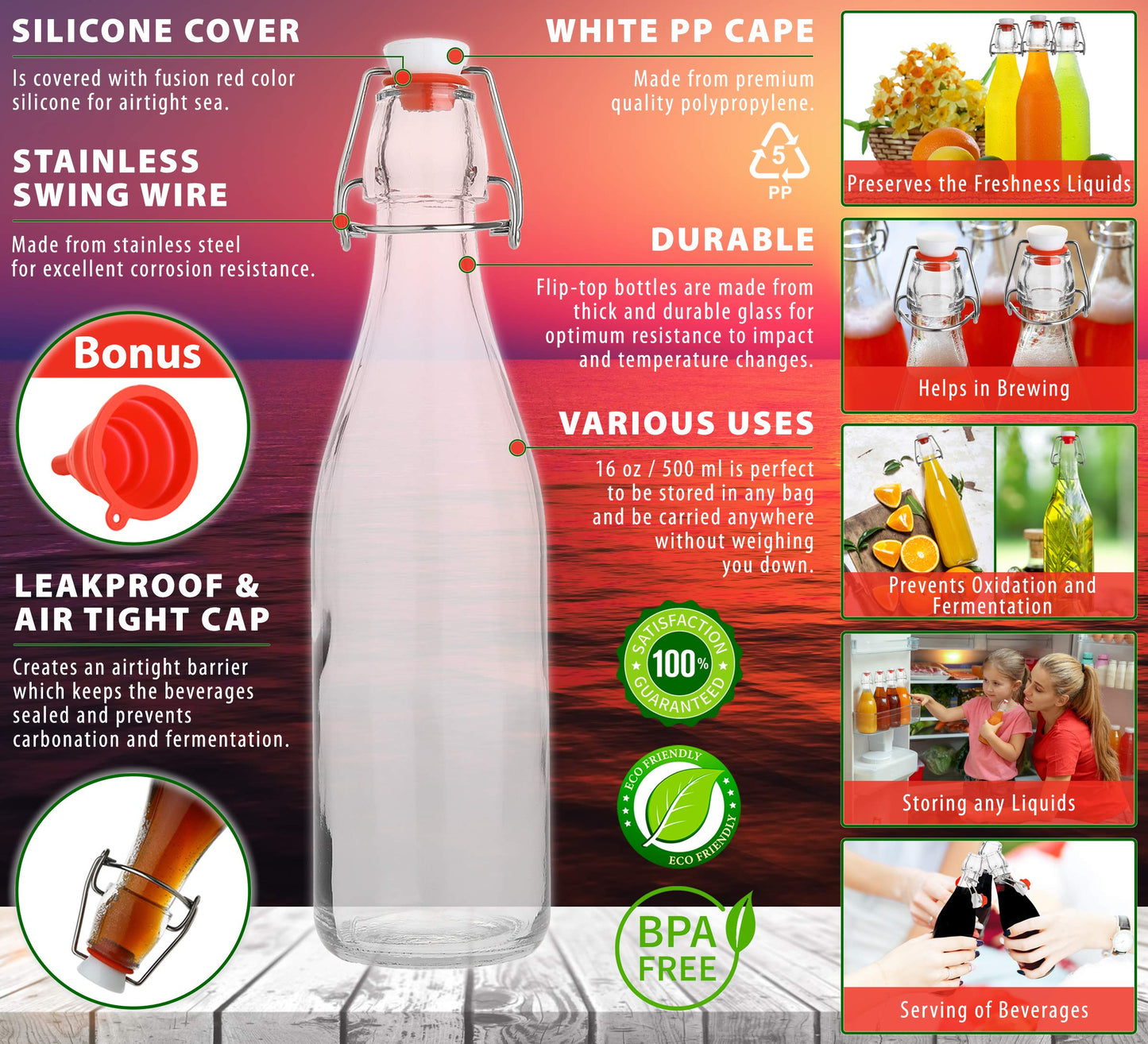 AYL Flip Top Glass Bottle [16 fl. oz./Pack of 6]– Swing Top Brewing Bottle with Stopper for Beverages, Oil, Vinegar, Kombucha, Beer, Water, Soda, Kefir – Airtight Lid & Leak Proof Cap – Clear
