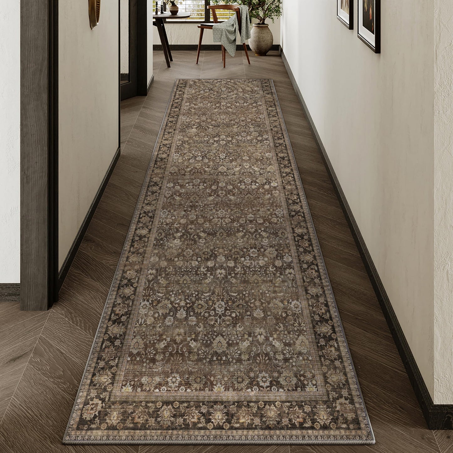 HUGEAR 2x8 Runner Rug Machine Washable Brown Hallway Area Rug Indoor Accent Rugs Floral Low Pile Carpet Soft Throw Rugs Bedroom Living Room Office Dining Kitchen Laundry Non Slip