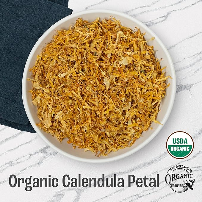 J Mac Botanicals, Organic Calendula Petals (12 oz) edible dried flowers, pairs well with rose petal for ice cubes, cooking, beverages, and bath bombs