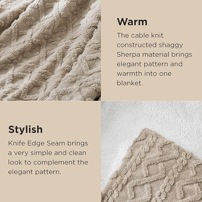 Bedsure Sherpa King Size Blanket for Bed- GentleSoft Fleece Fluffy & Cozy Cable Jacquard Tufted for Women Gift, Thick and Warm Blankets for Winter, Beige, 108x90 Inches