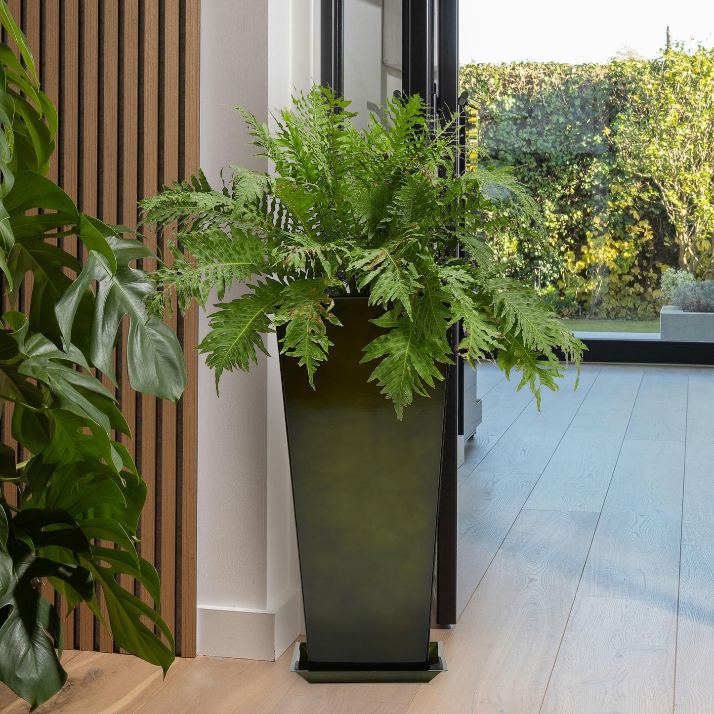 Worth Garden 25" Large Metal Glazed Planter Set of 2, Luxurious Glossy Finish Green Tall Square Tapered Steel Plant Pots, Decor Flower Pot Indoor & Outdoor, Drainage Hole & Dual-Purpose Plant Saucer