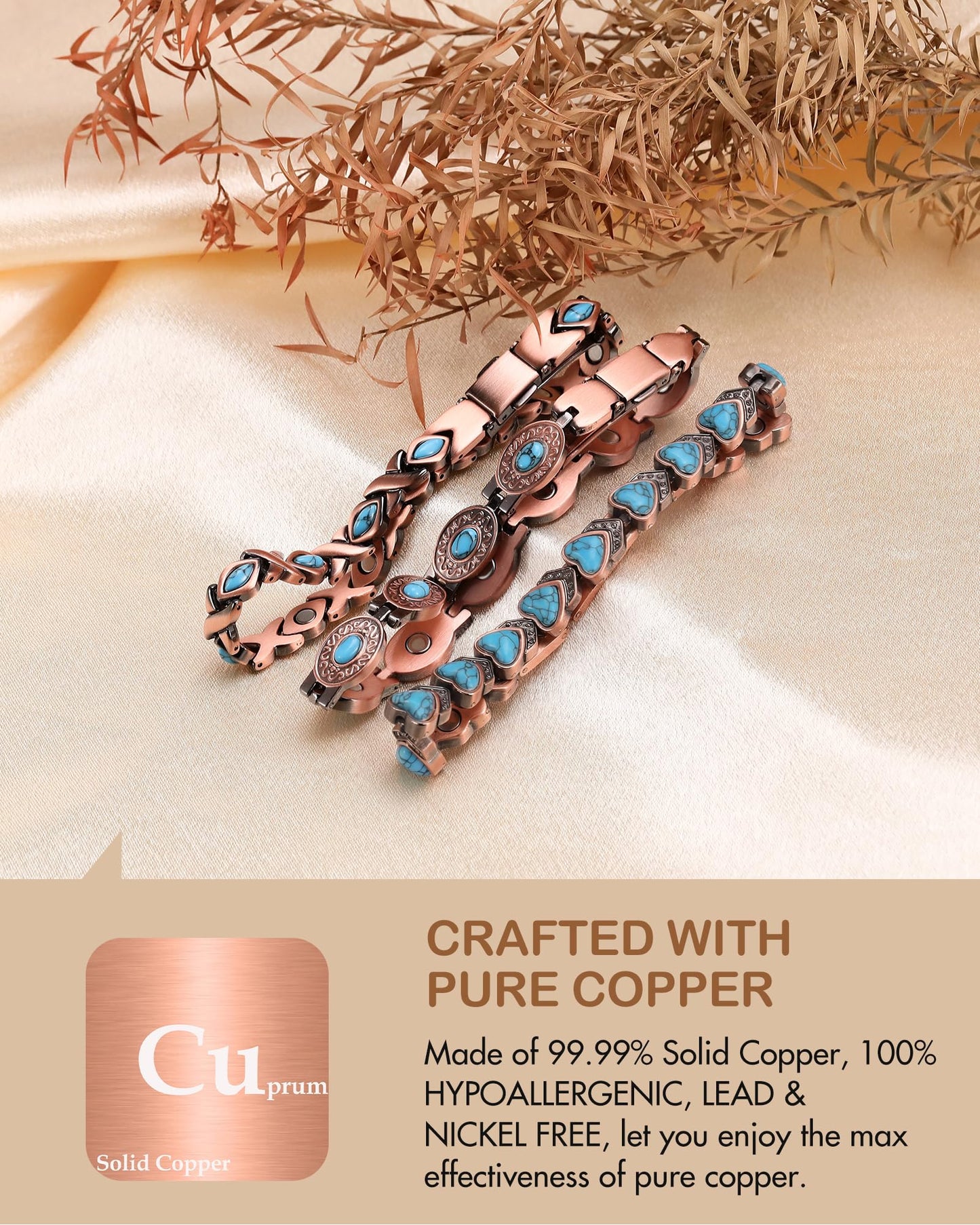 Feraco 99.99% Pure Copper Bracelets for Women, Ultra Strength Magnetic Bracelet with 3800 Gauss Magnets & Natural Turquois, Adjustable Jewelry Gift