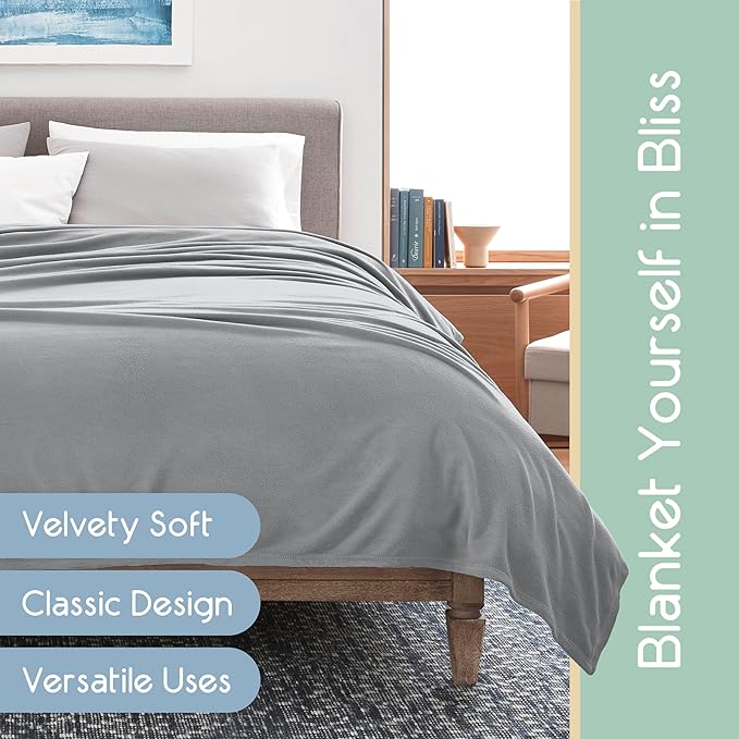 Vellux King Size Microfleece Blanket | Fleece Bed Blanket | All-Season Comfort | Supersoft Lightweight | Plush Throw Blanket for Bed Couch or Sofa | Pet-Friendly | Light Grey