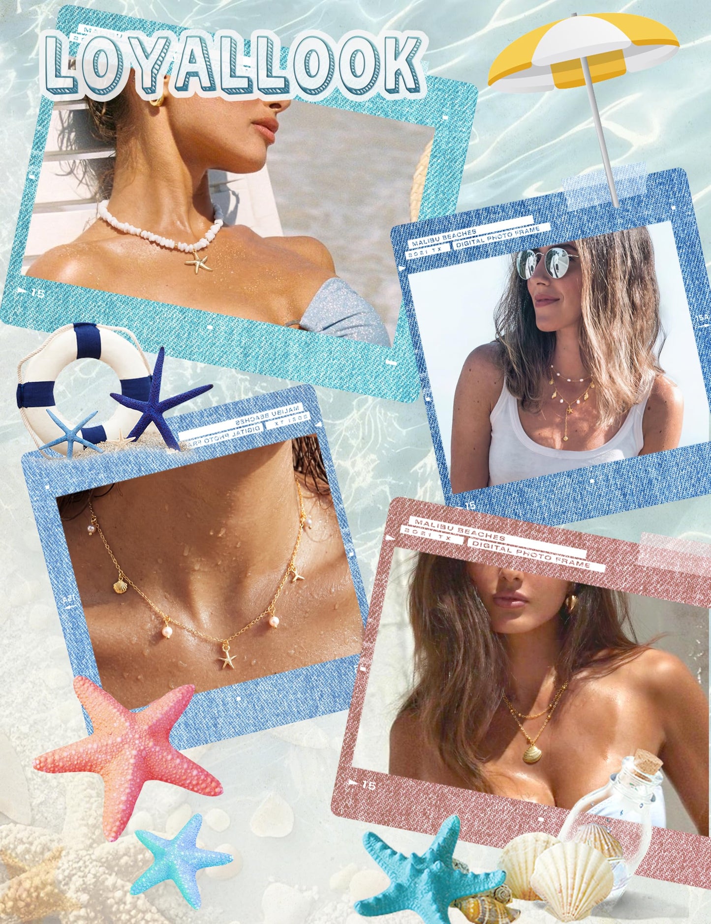 LOYALLOOK Shell Starfish Necklace for Women, 14k Gold Plated Dainty Pearl Starfish Mermaid Tail Charm Necklace Stack, Non Tarnish Waterproof Gold Beach Accessories for Summer Vacation
