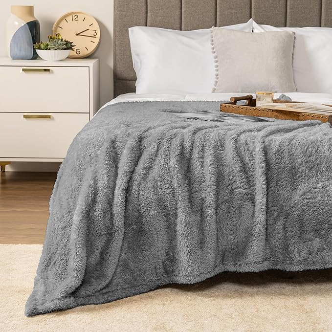 Pavilia Sherpa Bed Blanket King Size, Grey Plush Soft Cozy Fluffy Lightweight Microfiber Fuzzy All Season Blanket, 90x108 King