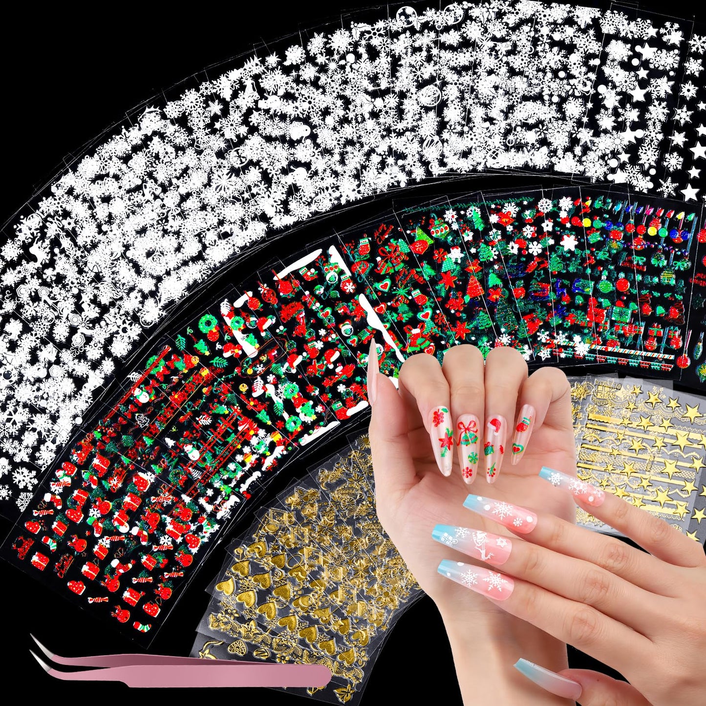 Teenitor 50 Sheets Christmas Nail Stickers for Nail Art, Snowflake Nail Stickers for Kids Women, Christmas Nail Decals for Holiday Winter, 3D Self Adhesive Snowflake Nail Decals for Little Girls