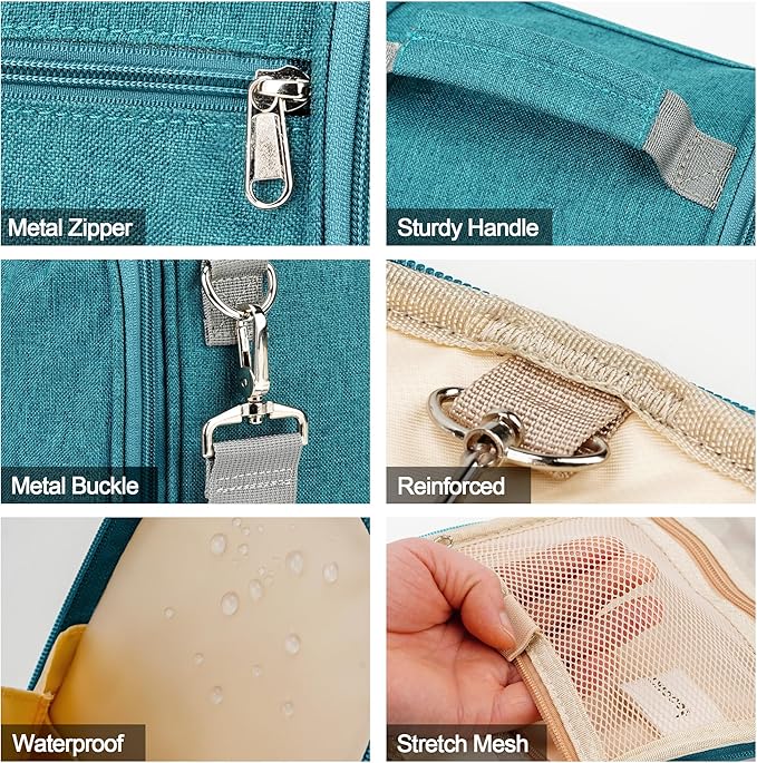 Hanging Travel Toiletry Bag for Women and Men, 6 Organizer Compartments, Large Toiletries essentials, Bathroom Cosmetic Accessories, Water-resistant Makeup Bag, Holds Full-Size Shampoo, Blue