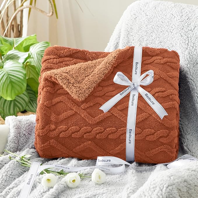 Bedsure Sherpa King Size Blanket for Bed- GentleSoft Fleece Fluffy & Cozy Cable Jacquard Tufted for Women Gift, Thick and Warm Blankets for Winter, Orange, 108x90 Inches