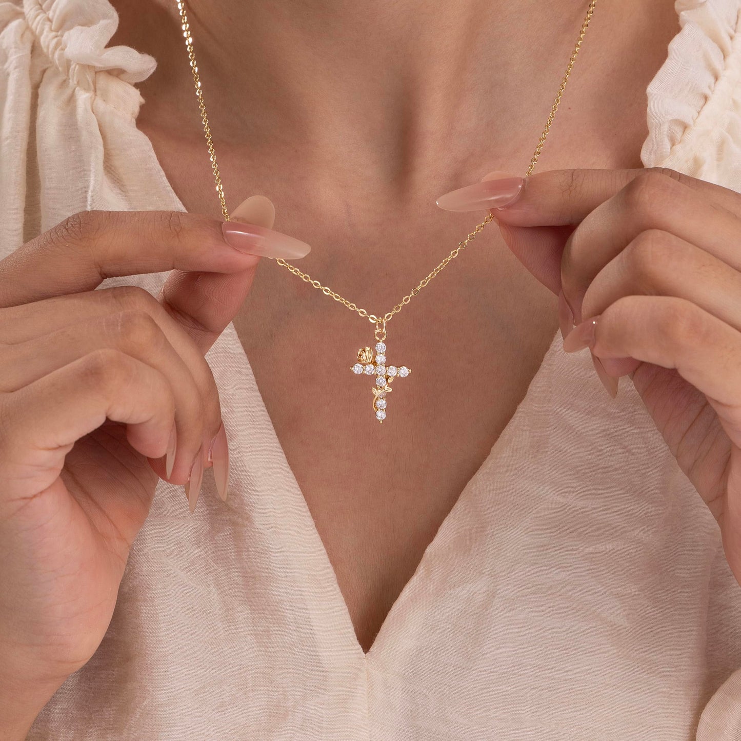 Robaice Flower Cross Necklace for Women, 14K Gold Plated Dainty Cubic Zirconia Faith Cross Pendant, Christian Religious Jewelry Gifts