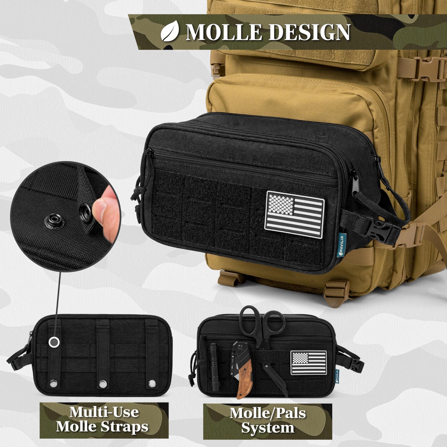 PAVILIA Tactical Toiletry Bag for Men, Travel Hygiene Bag, Military Gear Dopp Kit, Water Resist Molle Accessories Pouch, Mens Shaving Essentials, Gym Bathroom Shower Small Toiletries Tool EDC, Black