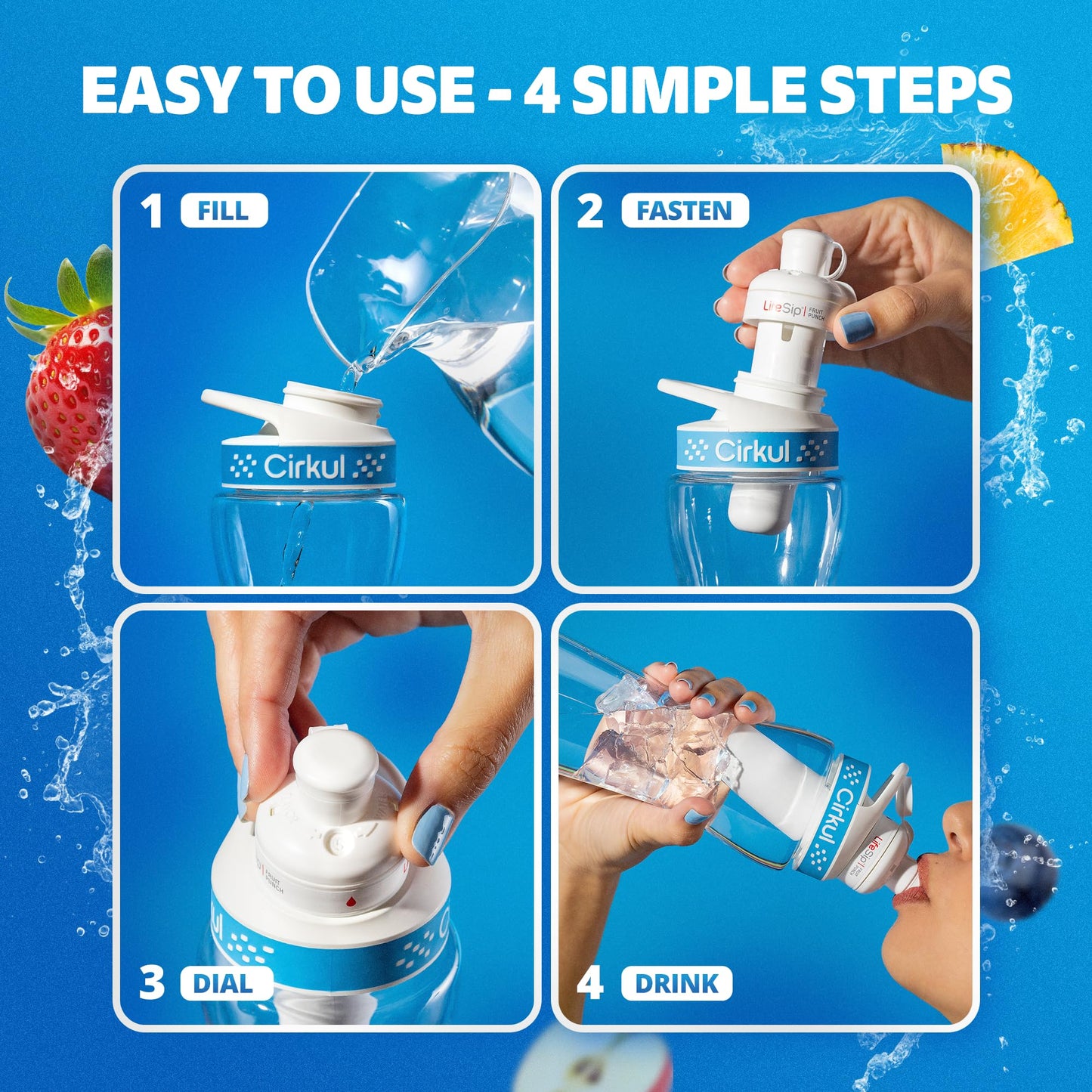 Cirkul 32oz. BPA-Free Plastic Water Bottle Starter Kit with Navy Lid, 2 Flavor Cartridges (1 LifeSip Blueberry Grape, 1 GoSip Kiwi Berry) No Sugar, Zero Calorie Drink Mix