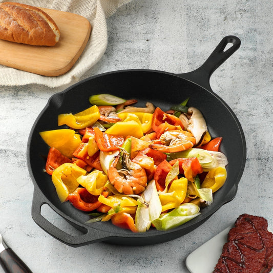 12 Inch Cast Iron Skillet, Pre-Seasoned Frying Pan for Oven, Stovetop, Grill & Campfire, Durable, Non-Toxic, Even-Heating Cookware, Black