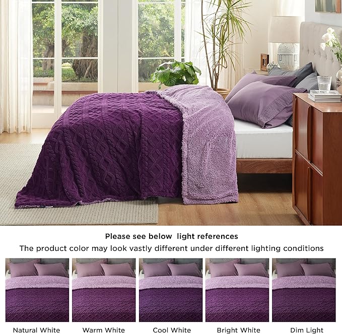 Bedsure Sherpa King Size Blanket for Bed- GentleSoft Fleece Fluffy & Cozy Cable Jacquard Tufted for Women Gift, Thick and Warm Blankets for Winter, Purple, 108x90 Inches