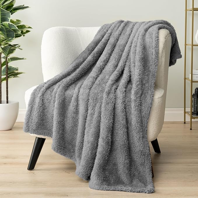 PAVILIA Sherpa Throw Blanket for Couch Sofa, Grey Fluffy Warm Plush Blanket for Twin Bed, Cozy Super Soft Lightweight Throw, Fuzzy Decorative Blanket, All Season Home, 60x80