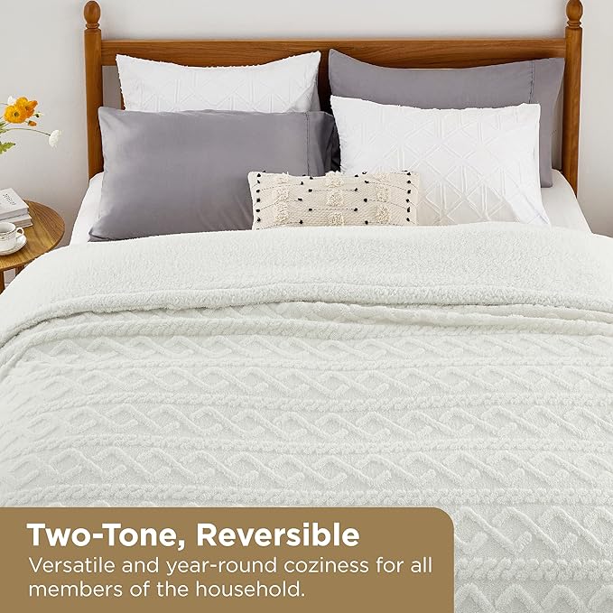 Bedsure Sherpa Queen Size Blanket for Bed - GentleSoft Fleece Fluffy & Cozy Cable Jacquard Tufted for Women Gift, Thick and Warm Blankets for Winter, Cream, 90x90 Inches