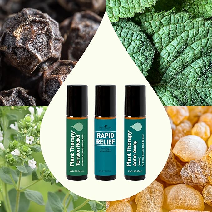 Plant Therapy Pain Support Essential Oil Roll On Blend Set 10 mL (1/3 oz) Each of Ache Away, Rapid Relief & Tension Relief, Pure, Pre-Diluted, Essential Oil Blends
