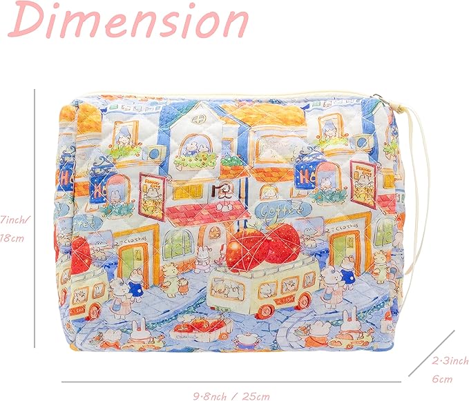 PAZIMIIK Quilted Makeup Bag Large Travel Zipper Soft Cosmetic Pouch for Women Girls Make Up,Little Bunny
