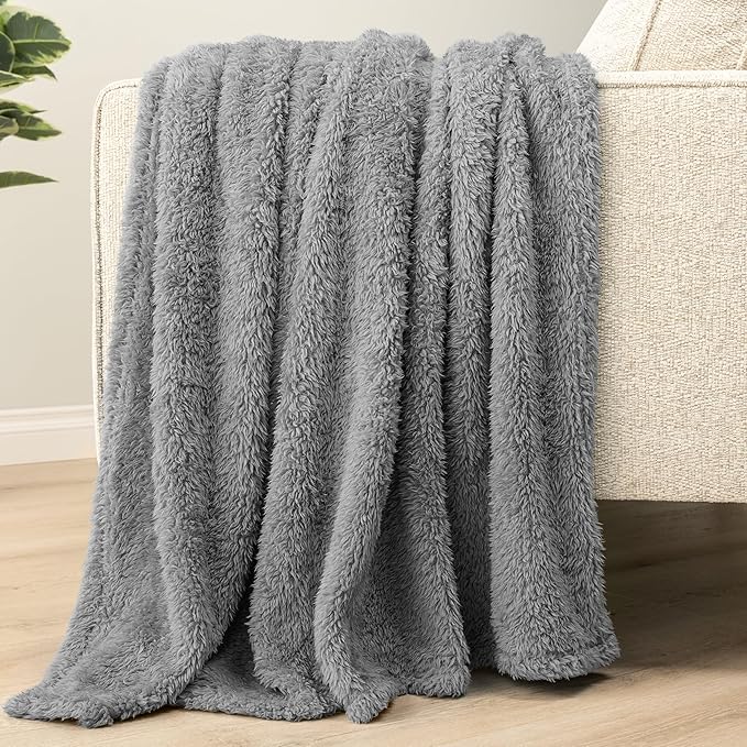 Pavilia Sherpa Bed Blanket King Size, Grey Plush Soft Cozy Fluffy Lightweight Microfiber Fuzzy All Season Blanket, 90x108 King