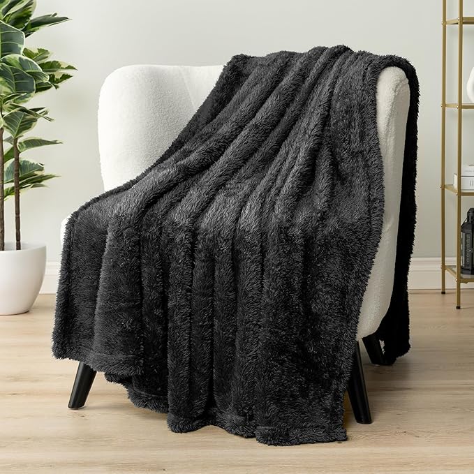 PAVILIA Sherpa Throw Blanket for Couch Sofa, Black Fluffy Warm Plush Blanket for Twin Bed, Cozy Super Soft Lightweight Throw, Fuzzy Decorative Blanket, All Season Home, 60x80