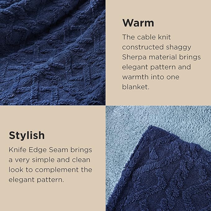 Bedsure Sherpa Fleece Blanket Twin Size for Bed - GentleSoft Fluffy & Cozy Cable Jacquard Tufted for Women Gift, Thick and Warm Blankets for Winter, Navy, 60x80 Inches