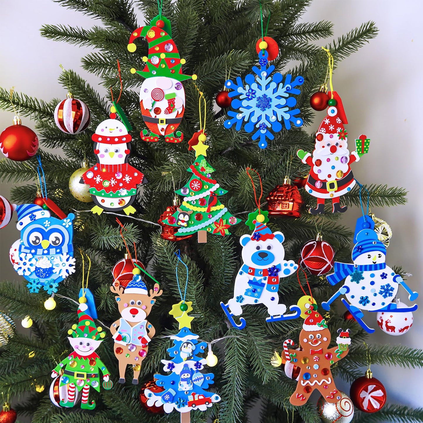 Winlyn 24 Sets Holiday Decorations DIY Christmas Tree Ornaments Winter Crafts Kits Foam Snowflake Penguin Snowman Foam Stickers for Kids Holiday Seasonal Gift Home Classroom Activities Party Favors