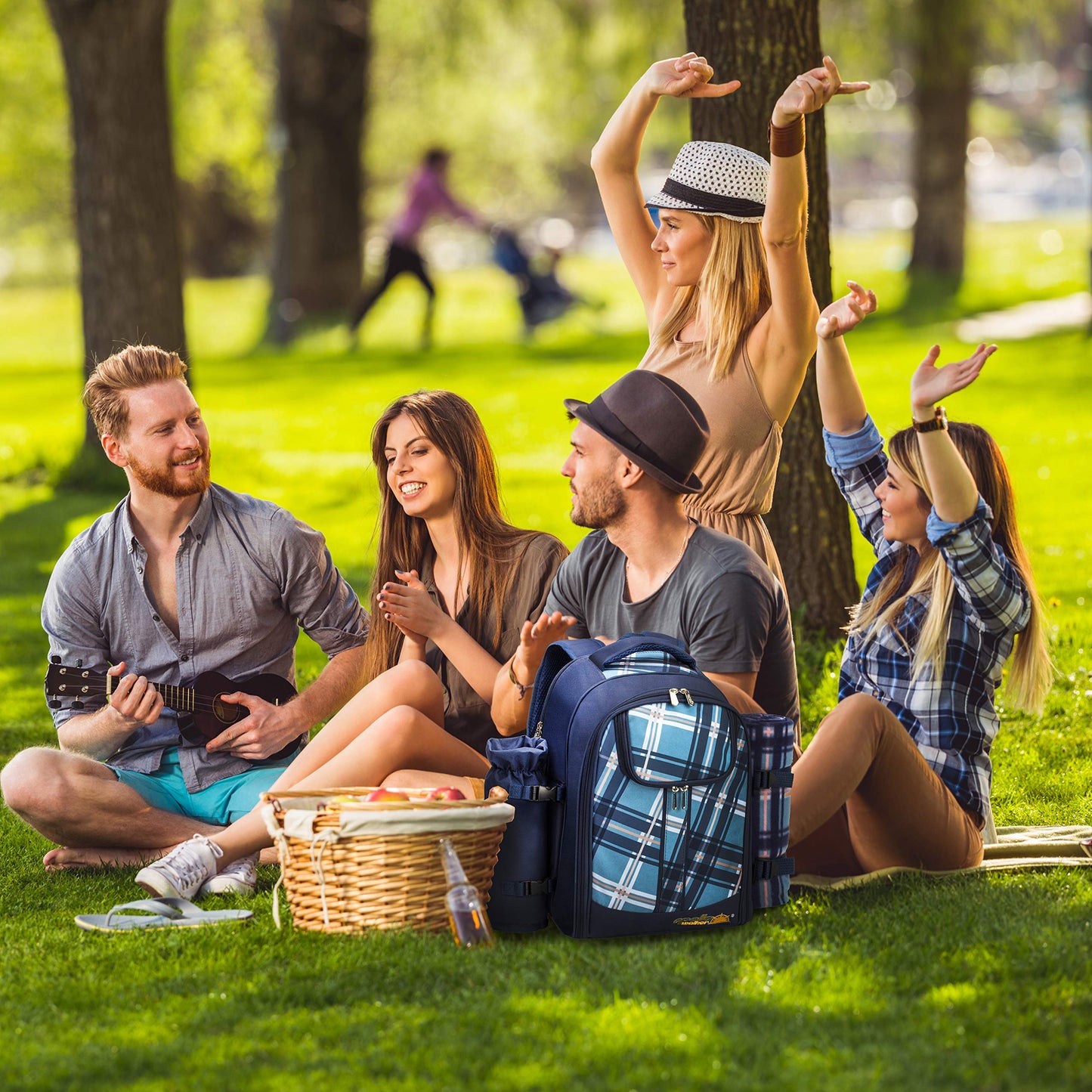 Apollo walker Picnic Backpack Set for 4 with Cooler Compartment,Detachable Bottle/Wine Holder Including Large Picnic Blanket(45"x 53") for Picnic Family and Lovers Gifts,Outdoor,BBQ Time (Blue)