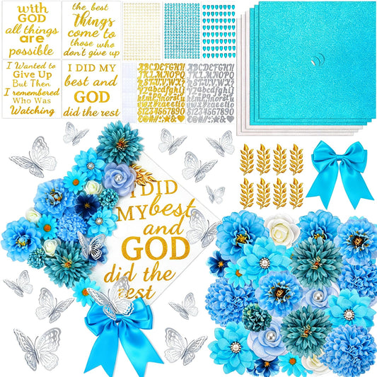 66Pcs Graduation Cap Decorations Graduation Cap Decorations kit Included Faux Flower Heads3D Butterfly Stickers for DIY Grad Cap Topper Grad Party Decor(Blue)