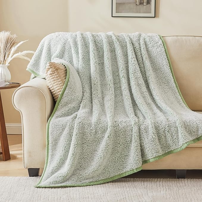 EMME Fuzzy Blanket Soft Fleece Throw Blankets for Women, Fluffy Sherpa Throws(Plush Sage,50"x60")