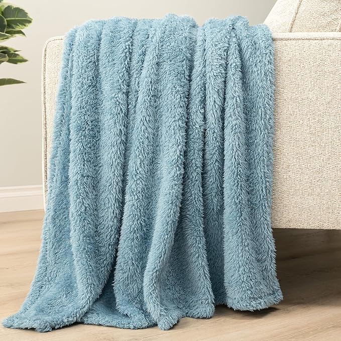 PAVILIA Sherpa Throw Blanket for Couch Sofa, Dusty Slate Blue Fluffy Warm Plush Blanket for Bed, Cozy Super Soft Lightweight Throw, Fuzzy Decorative Blanket, All Season Home, 50x60