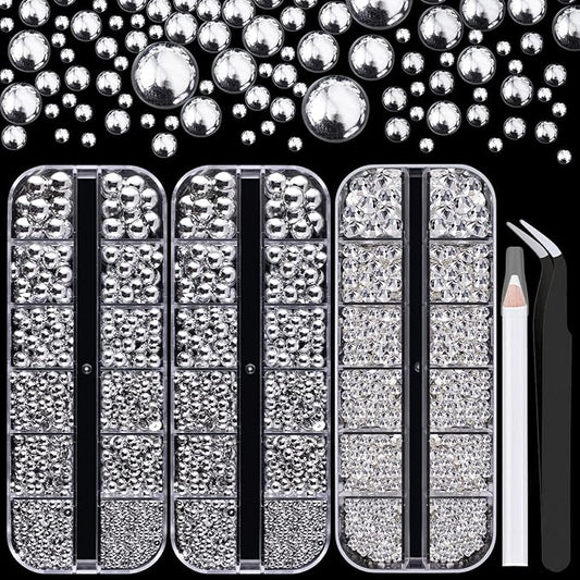 4000PCS Flatback Rhinestones and Half Round Pearls Kit #30, Multi Size Glass Clear Crystals, Plastic Flat Back Silver Dome Bead with Pickup Pencil and Tweezer for Nail Art