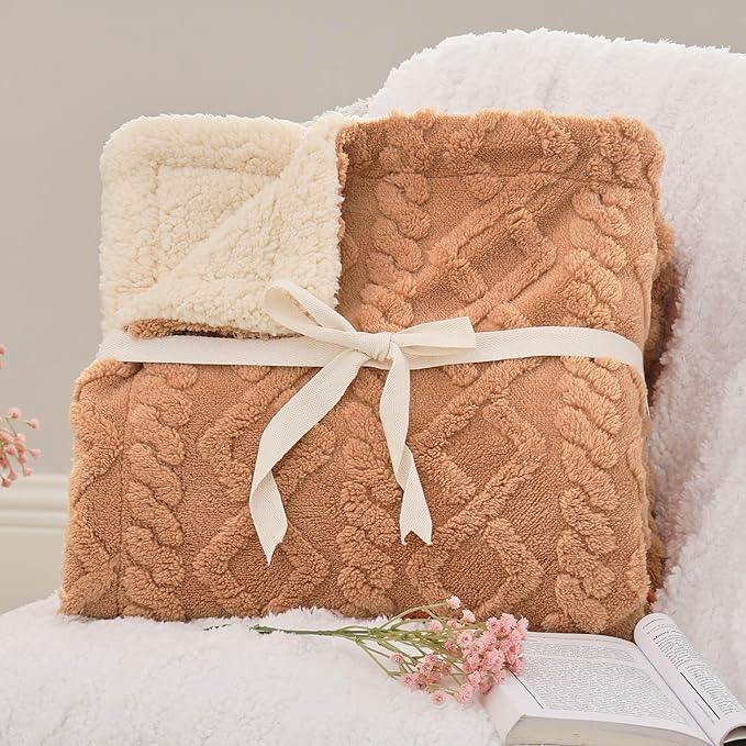 Bedsure Sherpa Queen Size Blanket for Bed - GentleSoft Fleece Fluffy & Cozy Cable Jacquard Tufted for Women Gift, Thick and Warm Blankets for Winter, Light Brown, 90x90 Inches
