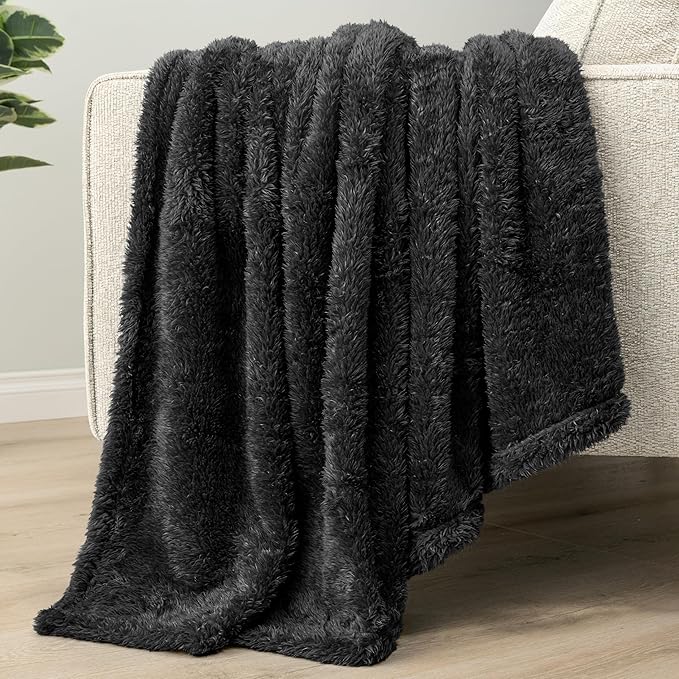 Pavilia Sherpa Bed Blanket Queen Size, Black Plush Soft Cozy Fluffy Lightweight Microfiber Fuzzy All Season Blanket, 90x90